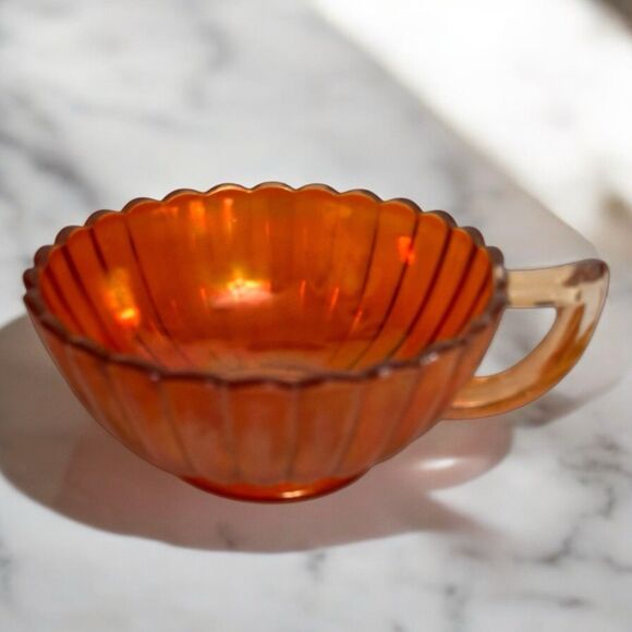 Vintage Amber Depression Glass Cup – Iridescent Ribbed Pattern with Handle - Picture 1 of 7
